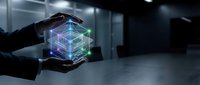 Businessman holding glowing holographic cube with digital network connections in modern office environment, representing technology innovation and data management solutions.