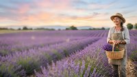 Woman in straw hat holding wicker basket standing in blooming lavender field at sunset, harvesting purple flowers in rural countryside landscape.
