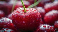 Fresh ripe red cherry with water drops closeup. Macro photography of wet sweet cherries with green stem showing natural texture and freshness.