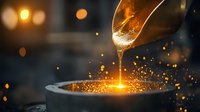 Molten metal pouring from ladle into mold with dramatic sparks and golden glow against dark industrial background.