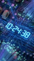 Digital clock display showing time 10:24:38 surrounded by glowing fiber optic cables and circuit board components with blue purple lighting effects.