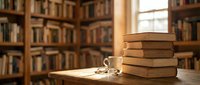 Stack of books on wooden table in warm library setting with bookshelves and natural light creating cozy academic atmosphere for reading and study.