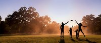 Happy family of four holding hands jumping together in park during golden hour sunset with trees and warm sunlight creating joyful outdoor recreation moment.