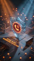 Transparent shield with glowing gear icon and network nodes displaying cybersecurity alert message, representing data protection, intrusion detection, and digital defense technology for security software interfaces.