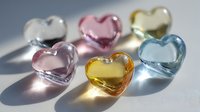 Colorful glass heart shapes casting soft shadows on white surface, romantic crystal decorative elements in pastel pink, blue, yellow and clear tones.
