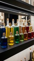 Colorful glass bottles with cork stoppers containing various liquids displayed on modern black shelf with LED lighting, suitable for retail, cosmetics, perfume, or beverage product showcase.