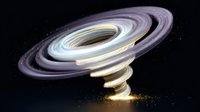 Glowing spiral tornado vortex with golden light trails and particle effects on black background for cosmic energy and motion graphics design.