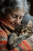 Senior woman with silver hair smiling while cuddling with striped tabby cat in cozy striped sweater, expressing joy and companionship in warm intimate moment.