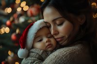 Asian mother holding sleeping baby wearing Santa hat against Christmas tree with soft bokeh lights and ornaments in warm atmospheric evening setting.