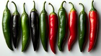 Fresh serrano peppers in green, black, and red arranged in neat row on white background, isolated hot chili peppers for cooking and food design.