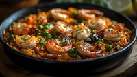 Spicy seafood paella with grilled shrimp, saffron rice, and fresh herbs served in traditional black cast iron pan, moody lighting highlights vibrant colors and textures.