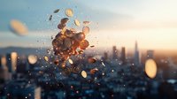 Floating golden coins against blurred urban cityscape at sunset, dynamic money concept with scattered currency and bokeh effect in financial district.