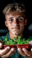 Young Caucasian male in green shirt holding fresh microgreens sprouts in red container against dark background, demonstrating sustainable home gardening and healthy eating.