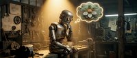 Futuristic robot craftsman working with wood in vintage workshop, dreaming of money, artificial intelligence meets traditional carpentry skills.