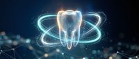Futuristic digital tooth with glowing orbital rings and light effects on dark background for dental technology and healthcare innovation concepts.