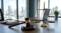 Legal office desk with wooden gavel and brass scales of justice in modern law firm with city skyline view through windows for professional legal services.
