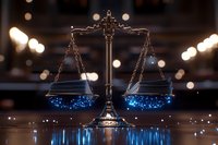 Decorative justice scales with glowing blue light effect on dark background with bokeh, symbolizing law and balance in modern interpretation.