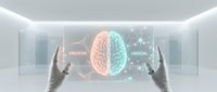 Creative and logical brain hemispheres glowing in neon orange and cyan, displayed on holographic interface with hands interacting. Represents left and right brain function, analytical thinking, creativity, innovation, and digital intelligence for business, education, and technology concepts.