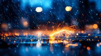 Dramatic night cityscape with rain and light reflections on water surface, orange sparks flying in foreground create magical atmosphere against blue bokeh lights.