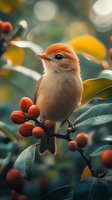 Small orange bird perched on branch with red berries against blurred natural background, soft bokeh lighting creates dreamy autumn mood for nature photography.