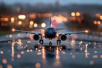 Commercial passenger aircraft on wet runway during evening with bokeh lights reflecting on water surface, dramatic aviation scene at dusk.