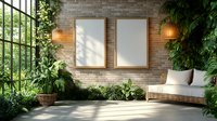 Sunlit interior with two blank frames on exposed brick wall, rattan sofa, pendant lights and lush indoor plants creating cozy garden atmosphere. Natural shadows play on floor.