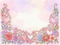 Romantic floral frame with ornate hearts and blooming flowers on soft pastel background, ideal for wedding invitations and greeting cards.