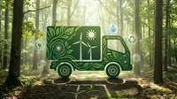 Green delivery truck with eco-friendly symbols in sunlit forest representing sustainable transportation and environmental logistics solutions.