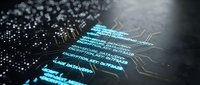 Futuristic holographic display with glowing blue text and digital circuit patterns on dark background for technology and innovation concepts.