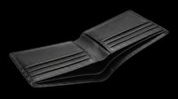 Open black leather bifold wallet with multiple card slots and bill compartments, isolated on transparent background. Ready for e-commerce, product mockups, retail catalogs, and design projects.