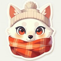 Cute arctic fox wearing winter beanie hat and plaid scarf sticker illustration on isolated background, cartoon style character for seasonal design and merchandise.