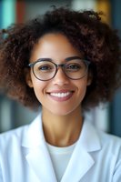 Young African American female medical professional wearing glasses and white lab coat smiles warmly at camera, showcasing natural curly hair and genuine expression.