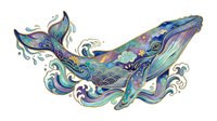 Colorful whale with ornamental patterns and flowing water swirls in blue, purple, and green tones. Isolated design element suitable for apparel, home decor, and creative projects.