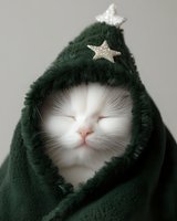 Adorable white cat wrapped in dark green blanket with silver stars, sleeping peacefully. Close-up portrait shows soft fur and serene expression against neutral background.