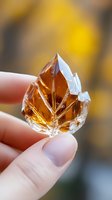 Amber crystal leaf held between fingers against blurred autumn background, showcasing natural light reflection and geometric facets. Suitable for jewelry design.