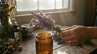 Hands holding dried lavender flowers over amber glass jar on wooden table with window light and botanical items.