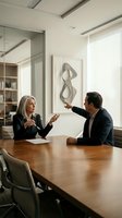 Professional business meeting with mature Caucasian woman and middle-aged Hispanic man discussing strategy at modern conference table in corporate office.