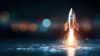 Rocket launching from reflective surface with glowing flame and sparkles against dark bokeh background, dramatic lighting creates futuristic startup concept.