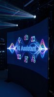 AI Assistant neon display with colorful sound waves and tech icons on blue screen in modern conference hall with professional stage lighting.