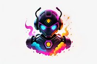 Futuristic robot head with glowing elements and colorful smoke effects in cyberpunk style on white background, isolated design for gaming and tech projects.