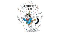 Cartoon cat character wearing blue outfit celebrating with confetti falling around it and text reading "Confetti Lat" above, isolated on white background for design use.