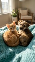 Ginger kitten and brown terrier puppy sitting together on teal knit blanket in bright living room with natural light, potted plant, and furniture in background.
