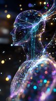 Glowing silhouette of human profile with luminous network patterns in blue and purple against dark background with bokeh lights and cosmic particles.