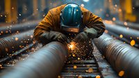 Industrial welder in protective gear working on large metal pipes with bright sparks flying, dramatic lighting creates moody atmosphere in manufacturing setting.