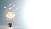 Glowing light bulb with floating business icons representing innovation, growth, and sustainability concepts on clean background for presentations.