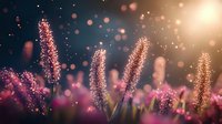 Magical glowing pink wildflowers in twilight with bokeh lights and sparkles creating dreamy atmosphere. Soft focus nature macro photography for romantic backgrounds.