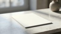 Blank white paper sheet on marble table with soft natural lighting and ceramic vase in background for mockup and presentation purposes.