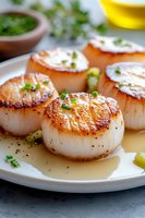 Pan-seared sea scallops with golden-brown crust garnished with fresh chives and butter sauce, served on white plate with herbs and olive oil.