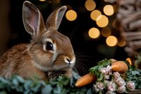 Brown bunny rabbit near fresh carrots and pink flowers against blurred golden bokeh lights background, creating magical spring or Easter atmosphere.