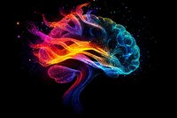 Colorful glowing brain made of luminous particles and waves in rainbow spectrum on black background, representing mind, consciousness and artificial intelligence.
